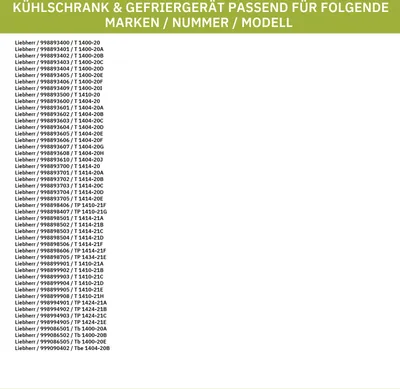 A list of refrigerator and freezer appliance parts with model numbers.