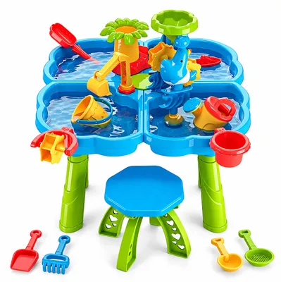 Imagen del producto de Relaxdays, mesa de juegos con agua, 4 compartimentos, muchos accesorios, dimensiones: 38x58x58 cm. Cocina de barro para agua y arena, fabricada en plástico, de colores variados, Imagen generada por IA