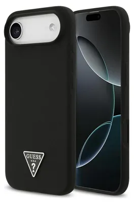 A black phone case with a silver Guess logo is shown next to a smartphone.