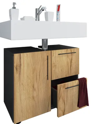 Immagine prodotto di Armadio lavabo in legno | Armadio da bagno | Dimensioni: H. 51 x W. 61 x D. 32 cm | 1 porta girevole | 2 cassetti grandi | mobili da bagno moderni - Fiandra