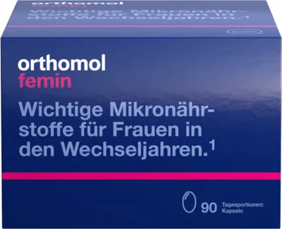 Zdjęcie produktu dla Orthomol Femin - mikroelementy dla kobiet w okresie menopauzy - z biotyną, selenem, cynkiem, olejem z wiesiołka, koenzymem Q10, 90 porcji dziennych