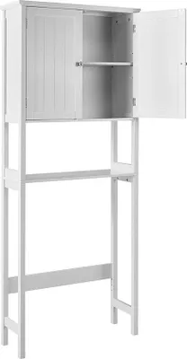 Imagen del producto de Armario para baño sobre inodoro, de pie, con 2 puertas y estante abierto, compartimento ajustable (3 niveles), sistema antitipe, MDF blanco, 70,5 x 24 x 172 cm
