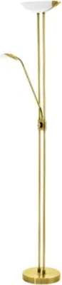 A brass floor lamp with a white shade against a white background.