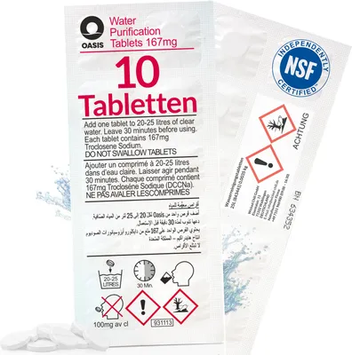 Produktbild von Wicked Chili Oasis 10x Wasserreinigungstabletten - 20-25 Liter Trinkwasser pro Tablette, Chlortabletten, Water Purification Tablets für Reiseapotheke, Notfall, Prepper, Wasserrudergeräte (167mg)