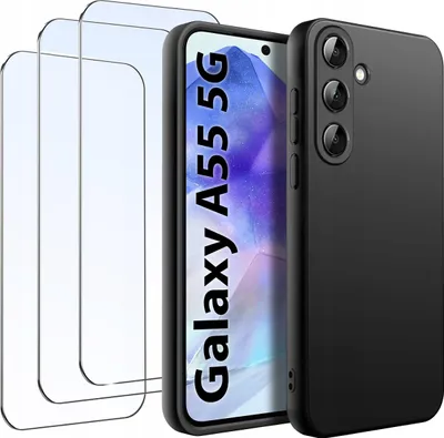 Zdjęcie produktu dla ZESTAW Etui do Samsung A55 5G Matowe Czarne Silikon Slim + 3 SZTUKI SZKŁO