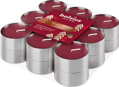 Produktbild von Kerze Bolsius Starlight Wintergewürz, Weihnachten, weinrot, Teelicht, 4 Std., Packung 18 Stk.