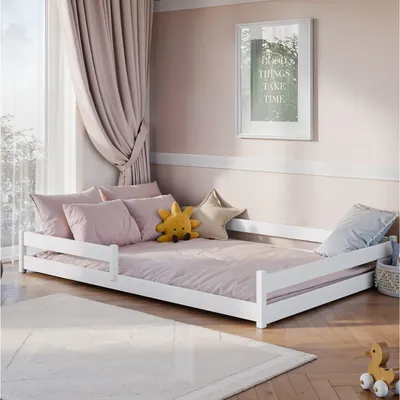 Produktbild von Kinderbett Bodenbett Bett mit Rausfallschutz & Lattenrost Montessori Bett Kinder Jugendbett Einzelbett optional mit Matratze | weiß Kiefer 140x200 cm