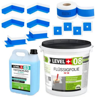 Produktbild von Dichtset Bad Dusche Abdichtung Flüssigfolie 20kg Dichtband 20m Tiefgrund 5L SET326