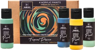 Produktbild von Acryl Schablonenfarben Set – 4 Farben (60 ml) – Tropical Desire - Atoll Blue Lizard Green Frog Yellow Curry – Künstlerbedarf für Kunst & DIY