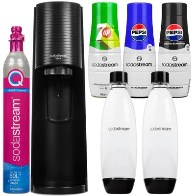Produktbild von Sodastream Wassersprudler Terra Schwarz Set mit 2 Flaschen und Sirupen
