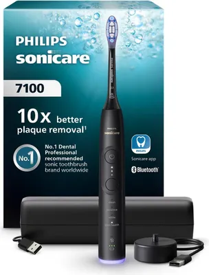 Produktbild von Philips Sonicare 7100 series Series 7100 HX7421/01 Wiederaufladbare Zahnbürste, Erwachsener, Schallzahnbürste, Sensibel, Zahnfleischpflege, Whitening, 62000 Bewegungen pro Minute, Schwarz, 2 min