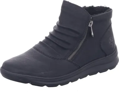 A black ankle boot with a side zipper and ruched detailing on the shaft.