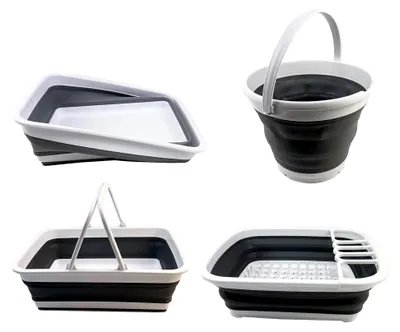Produktbild von Combo Zusammenklappbares Spülset, Eimer, Abtropfgestell, Geschirrwanne und Wäschekorb mit Griff – platzsparend, Camping-Set (Gray/Stahl Grau/Grau(4er-Set))