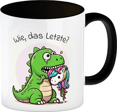 Produktbild von T-Rex Dinosaurier frisst Einhorn Kaffeebecher in schwarz mit Spruch Wie das