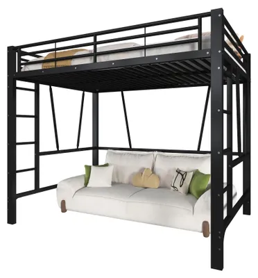 Obrázek produktu pro MODFU Vysoká postel 140x200, mládežnická postel s dvoustupňovým žebříkem, kovový rám, dětská postel s otevřeným úložným prostorem, bez matrace, černá