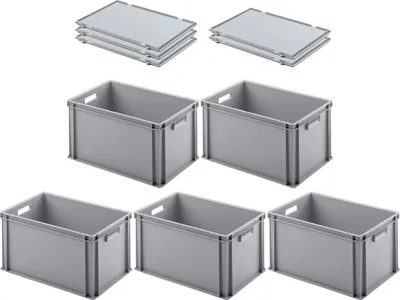 Produktbild von SuperSparSet 5x Eurobehälter mit offenem Griff und Scharnierdeckel | HxBxT 32x40x60cm | 56 Liter | Grau | Eurobox, Transportbox, Transportbehälter, Stapelbehälter