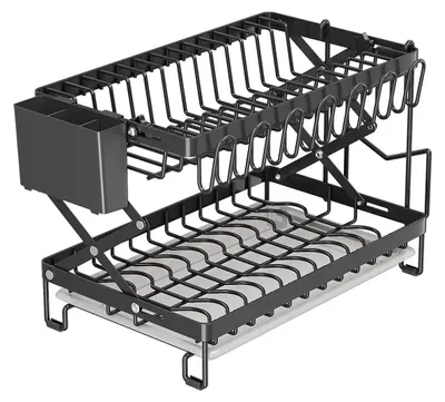 Obrázek produktu pro Skládací odkapávací stojan na nádobí - 2 patra - S odkapávací miskou - Držák na příbory a hrnky - Držák na prkénko - Černá barva
