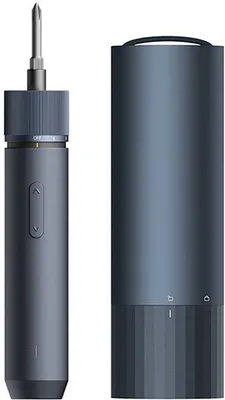A cordless precision screwdriver and its storage case are displayed side-by-side against a light gray background.