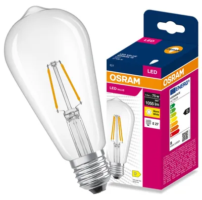 Obrázok produktu pre LED žiarovka E27, 7,5 W = 75 W, 1055 lm, 2700 K, teplá biela, filamentový dizajn, séria VALUE, výrobca Osram, Obrázok generovaný UI