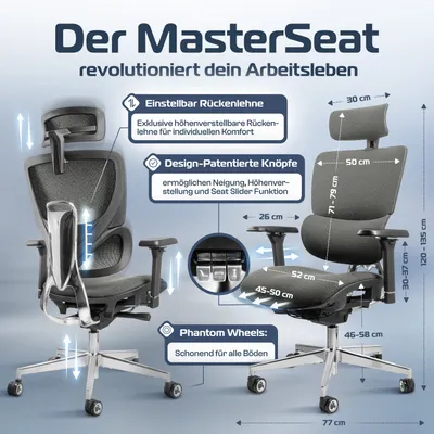 Produktbild von CLOUVOU MasterSeat Grau Bürostuhl, Schreibtischstuhl, ergonomisch, Chefsessel für Arbeitszimmer, QuantumFlex-Gewebe, Ergonomic Chair, Drehstuhl 150 kg