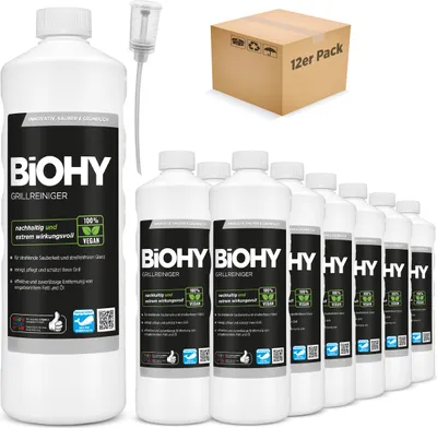 Produktbild von BiOHY Grillreiniger (12x1l Flasche) + Dosierer | Reiniger für Holzkohle-, Gas- und Elektrogrill | Aktivschaum gegen angebranntes Fett und Öl | Materialschonend, effektiv und nachhaltig