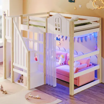 Obrázek produktu pro MODFU Patrová postel bez matrace 90x200 dětská postel s LED světly a okenním tvarem, rám postele s otevřeným úložným prostorem a síťovinou, bílá+ přírodní