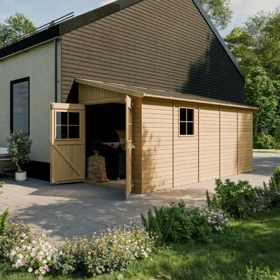 Produktbild von Holz Gartenschuppen (ohne Seitenwand) - Abstellkammer mit Fenstern - H244x211x514 cm/10 m2 Naturholz-Shiplap-Schuppen - Gartenwerkstatt - TIMBELA M341