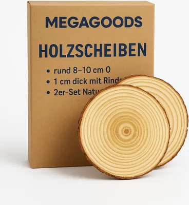 Produktbild von Holzscheiben rund 8–10 cm Ø 1 cm dick mit Rinde 2er-Set Natur DE.