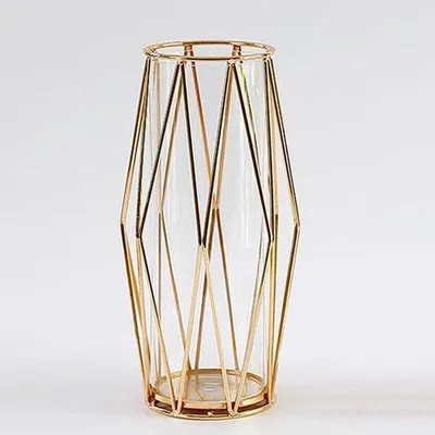 Produktbild von Geometrische Glasvase mit Metallfuß - Dekorative Vase für Hydroponik - Pampasgras und Rosen - Elegante Tischdekoration für Heim und Hochzeit - 28 cm - Gold