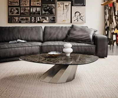 Produktbild von DELIFE Couchtisch Edge Organisch 140x76 cm Keramik Emperador Extra Lucidato Dunkelbraun Parabi Edelstahl gebürstet