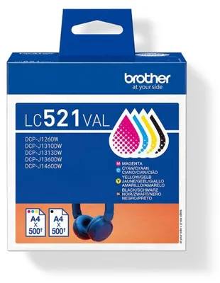 Produktbild von Brother LC521VAL, Schwarz, Cyan, Magenta, Gelb, 4 Stück(e), 500 Seiten, 500 Seiten, Multipack