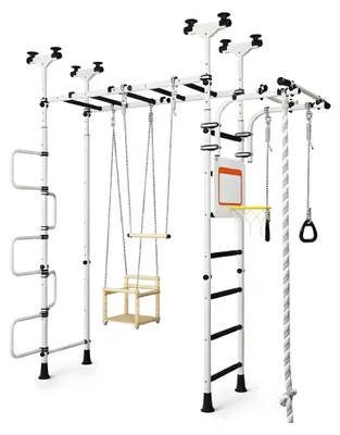Immagine prodotto di Spalliera per bambini: struttura da arrampicata da interno in metallo con corda da ginnastica e manubrio scorrevole – Pegas 2, bianco e nero