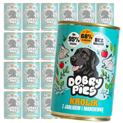 Zdjęcie produktu dla Dobry Pies smak królik z jabłkiem, marchewką mokra karma dla psa w puszce 24x400g
