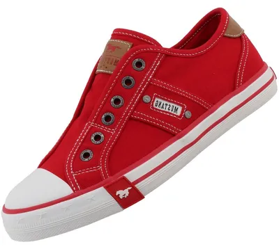 Auf dem Bild ist ein roter Freizeitschuh abgebildet der von der Seite zu sehen ist. Die Sohle und die Schnürsenkel sind deutlich erkennbar was dem Schuh ein sportliches Aussehen verleiht.