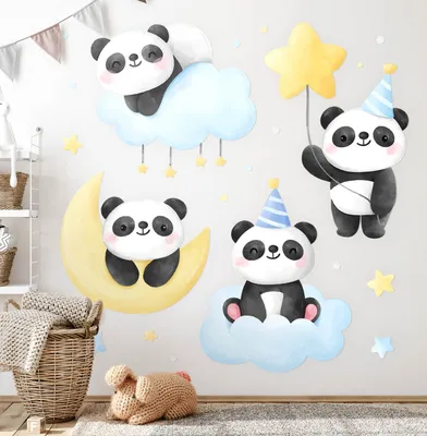 Produktbild von Pandabären – Wandgestaltung – Wandbilder Kinder – Motivtapeten Set – Wanddekor Kinderzimmer – Selbstklebende Wandsticker – 80x113 cm