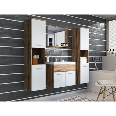 A modern bathroom vanity set with a mirror, sink, and storage cabinets, set against a dark, horizontally striped tiled wall.
