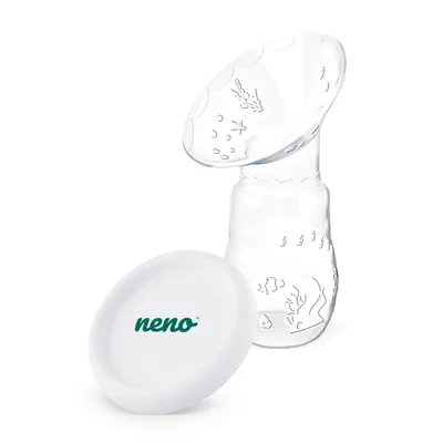 A breast milk collection container and its lid are shown against a white background.