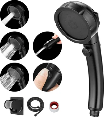 A collage of images showing a black shower head with different water spray patterns, a hand pressing a button on the shower head, and the included accessories (hose, holder, and tape).