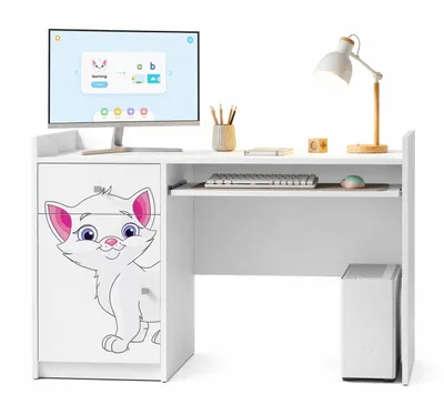 Image de Happy B04 : bureau d'ordinateur pour enfants | Bureau d'écolier blanc mat | Bureau compact avec tiroir pour clavier, pour filles et garçons, motif chatons