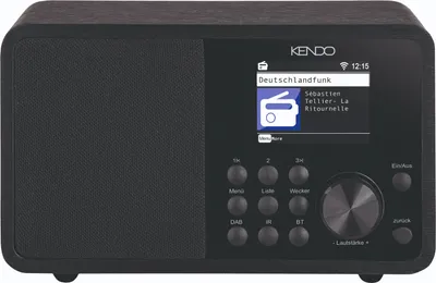 A black KENDO DAB+ Internetradio with a screen displaying station information.
