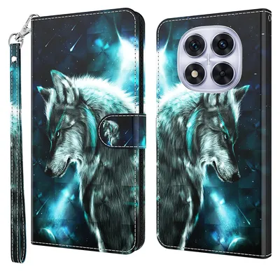 A product image showing a phone case with a wolf design, displayed in an open and closed state.