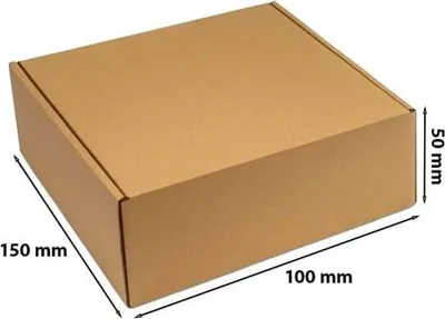 A brown cardboard box with dimensions indicated by measurement lines and text.
