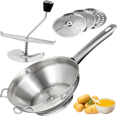 Produktbild von Passiermühle aus Edelstahl – Passiergerät, Passiermühle mit 3 Stück Siebeinsatz für Tomatensoße, Kartoffelpüree, Apfelmus, Marmeladen und mehr