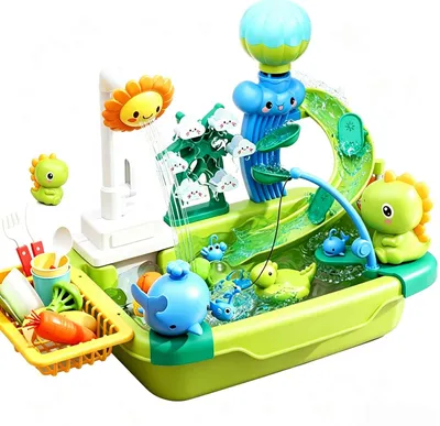 Produktbild von Zimilo Kinder Wasserspiel Spüle mit elektrischer Wasserpumpe, 8-in-1 Spielset, Automatischer Wasserkreislauf, großes 10L Becken, Lernspielzeug, Grün