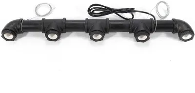 A black pipe-shaped light fixture with five sockets is shown against a white background.
