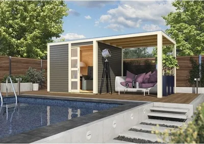 Produktbild von Gartenhaus Karibu Carlson mit Schleppdach, selbstklebender Dachfolie und Aluminium Abtropfwinkel 484 x 246 cm terragrau
