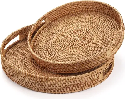 Image de Plateau rond en rotin avec poignée, plateau décoratif tressé pour table basse, plateau naturel pour ottomane (petit 30 cm x 6 cm)