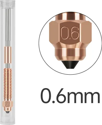 A 3D printer nozzle is shown in a clear plastic tube, with a close-up view of the nozzle tip and text indicating its size.