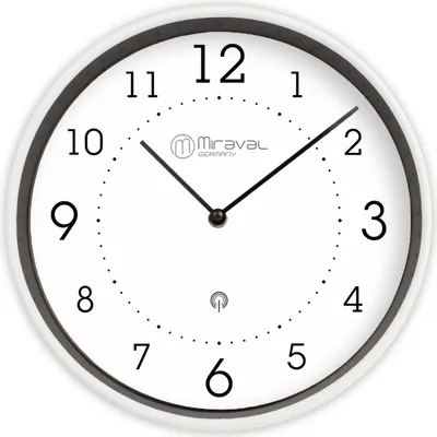 A white wall clock with black numbers and hands, featuring a brand logo in the center.