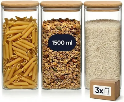 Immagine prodotto di Set di barattoli per alimenti, 3 pezzi da 1500 ml, in vetro borosilicato, quadrati, con coperchio, per la cucina